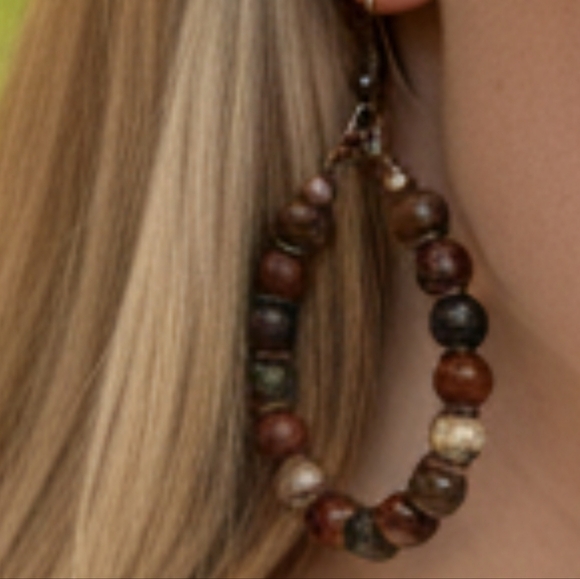 Multicolor Natural Jasper Stone Hoop Earrings - Women Jewelry #410 - Picture 3 of 4